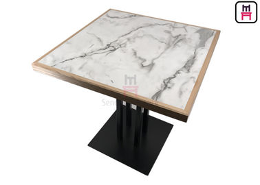 kopen 4 Gelamineerd de Eettafel Wit Marmeren Patroon HPL van het persoonsbuffet met de Rand van het Pijnboomhout online manufacture